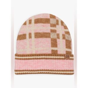 Cole Haan Tan and Pink Sweater Knit Plaid Cuffed Beanie OS NWT